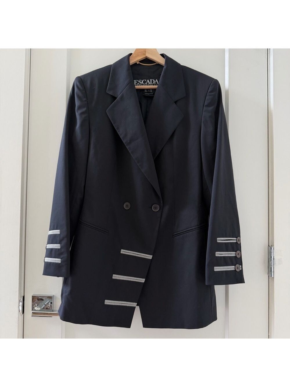 ESCADA Margaretha Ley Black 100% Wool Blazer Jacket White Accent Size 38